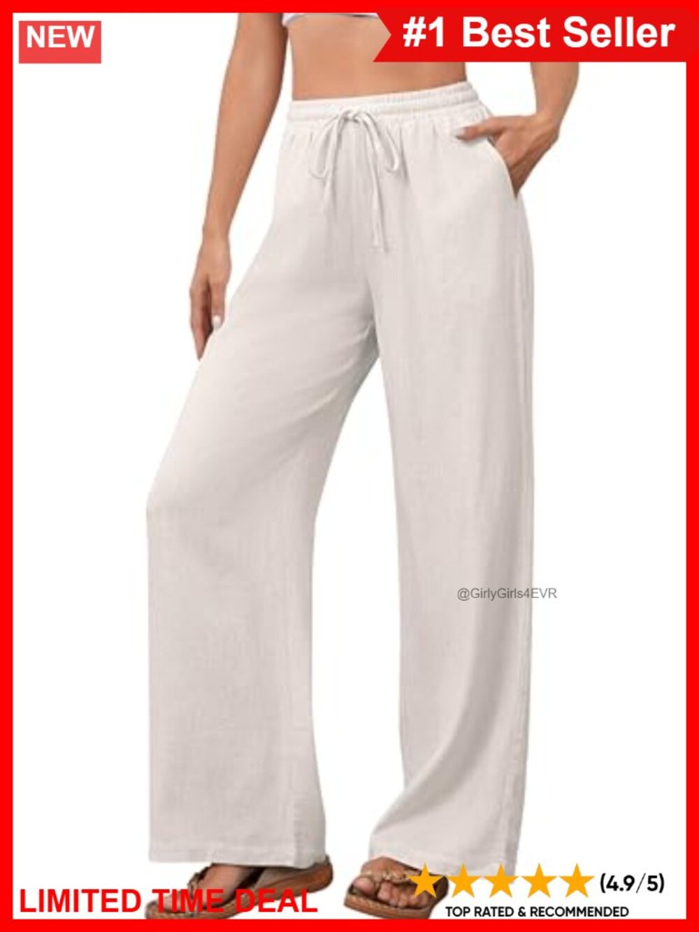 Cotton Linen Wide Leg Palazzo Pants Drawstring Elastic Waist Lounge Trousers